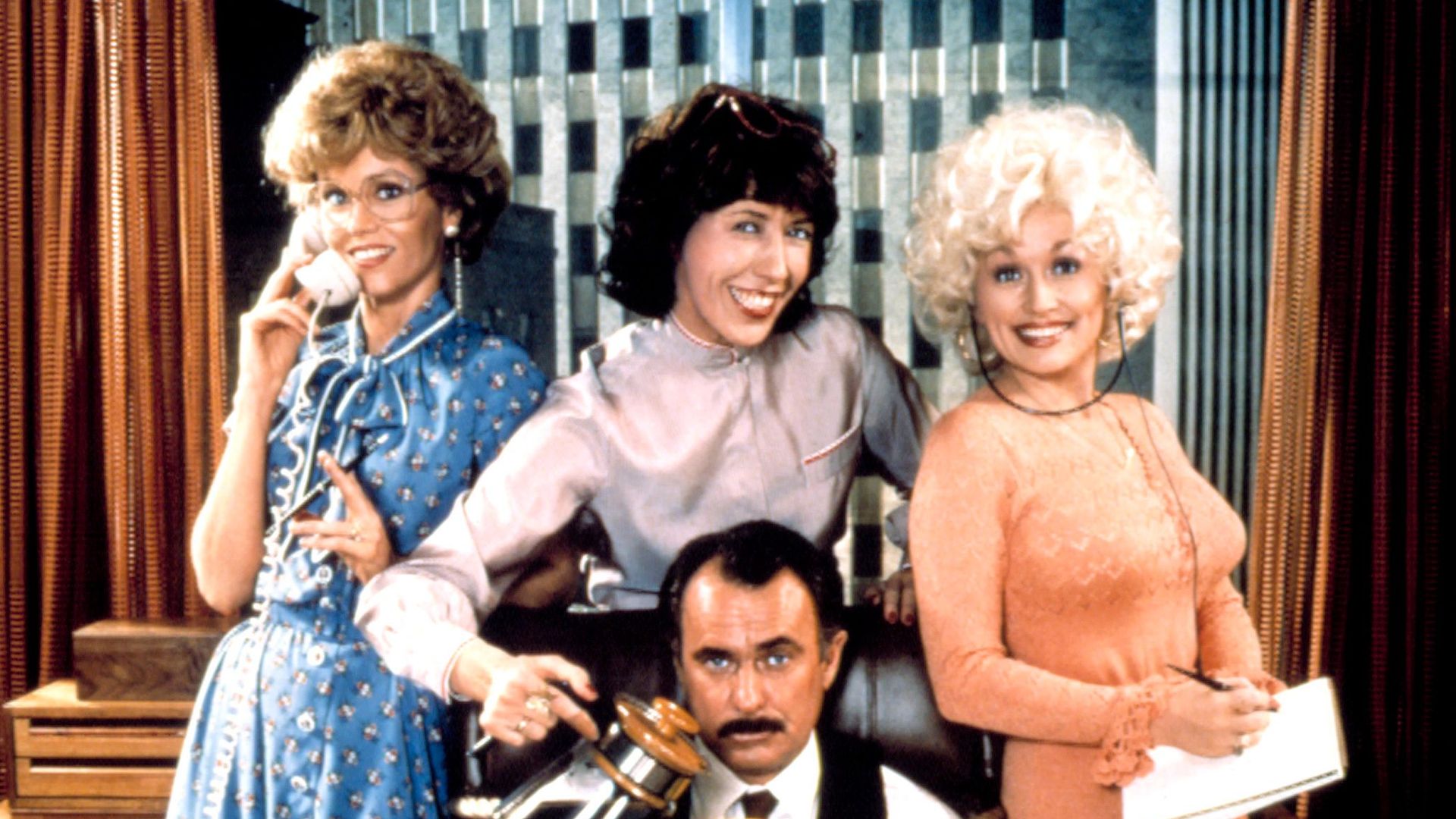 Jane Fonda, Lily Tomlin, Dolly Parton, Dabney Coleman in promotional art for "9 to 5."