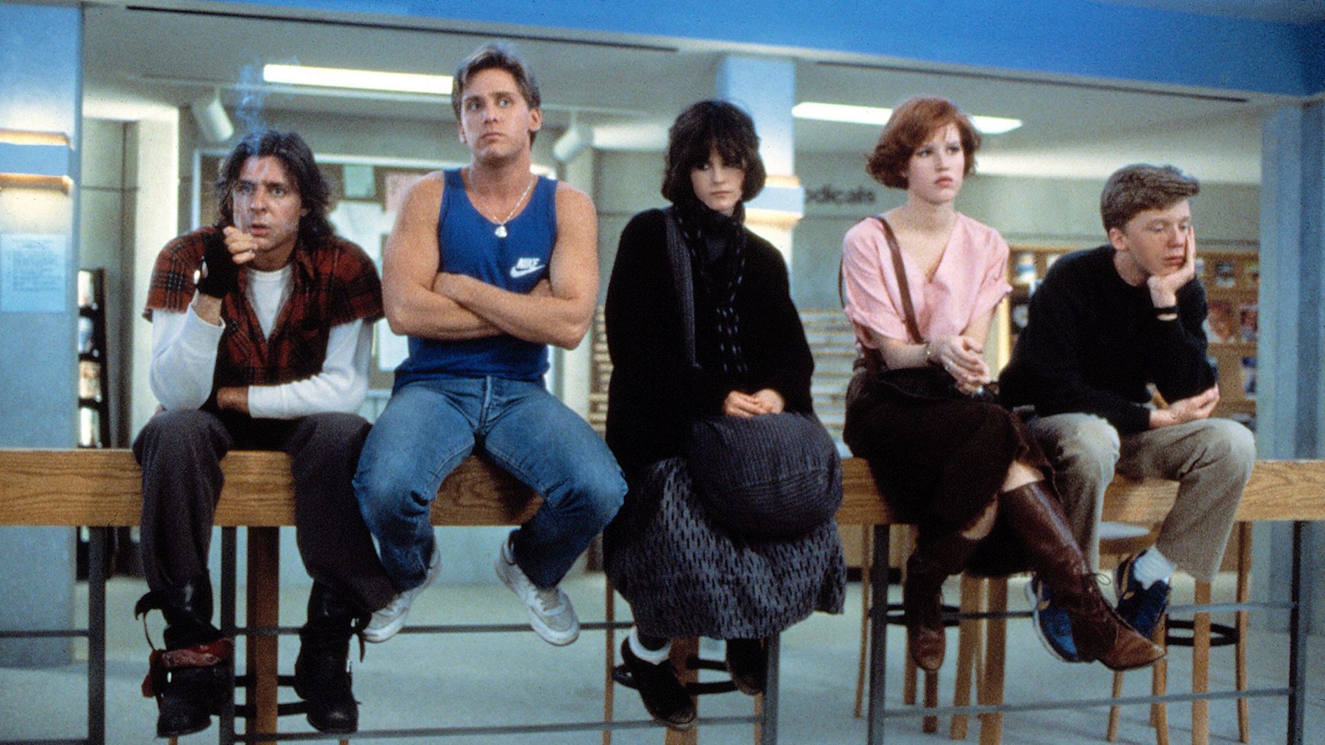 Judd Nelson, Emilio Estevez, Ally Sheedy, Molly Ringwald and Anthony Michael Hall in "The Breakfast Club."