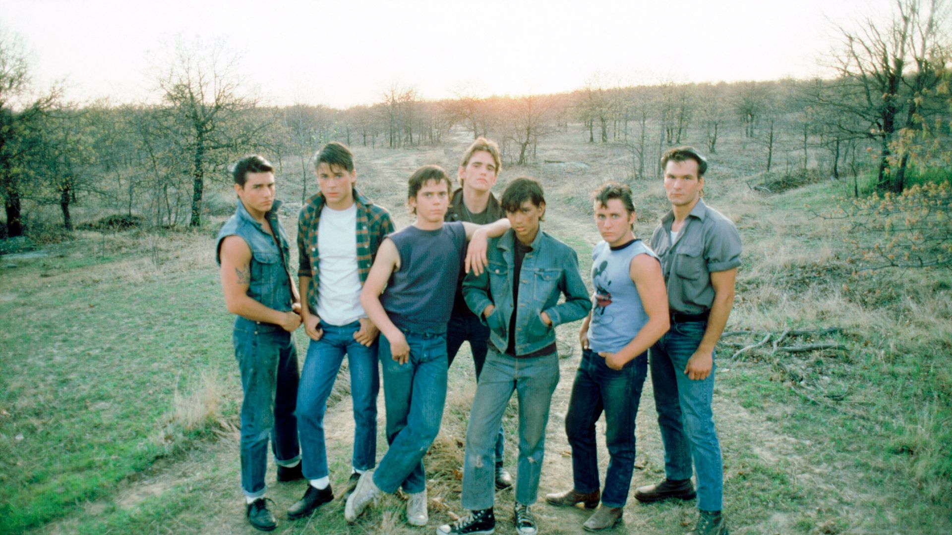 Tom Cruise, Rob Lowe, C. Thomas Howell, Matt Dillon, Ralph Macchio, Emilio Estevez, and Patrick Swayze in "The Outsiders."