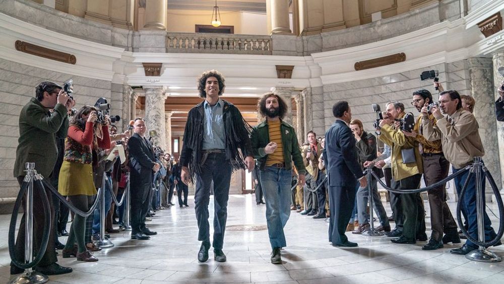 Sacha Baron Cohen and Jeremy Strong in "The Trial of the Chicago 7."